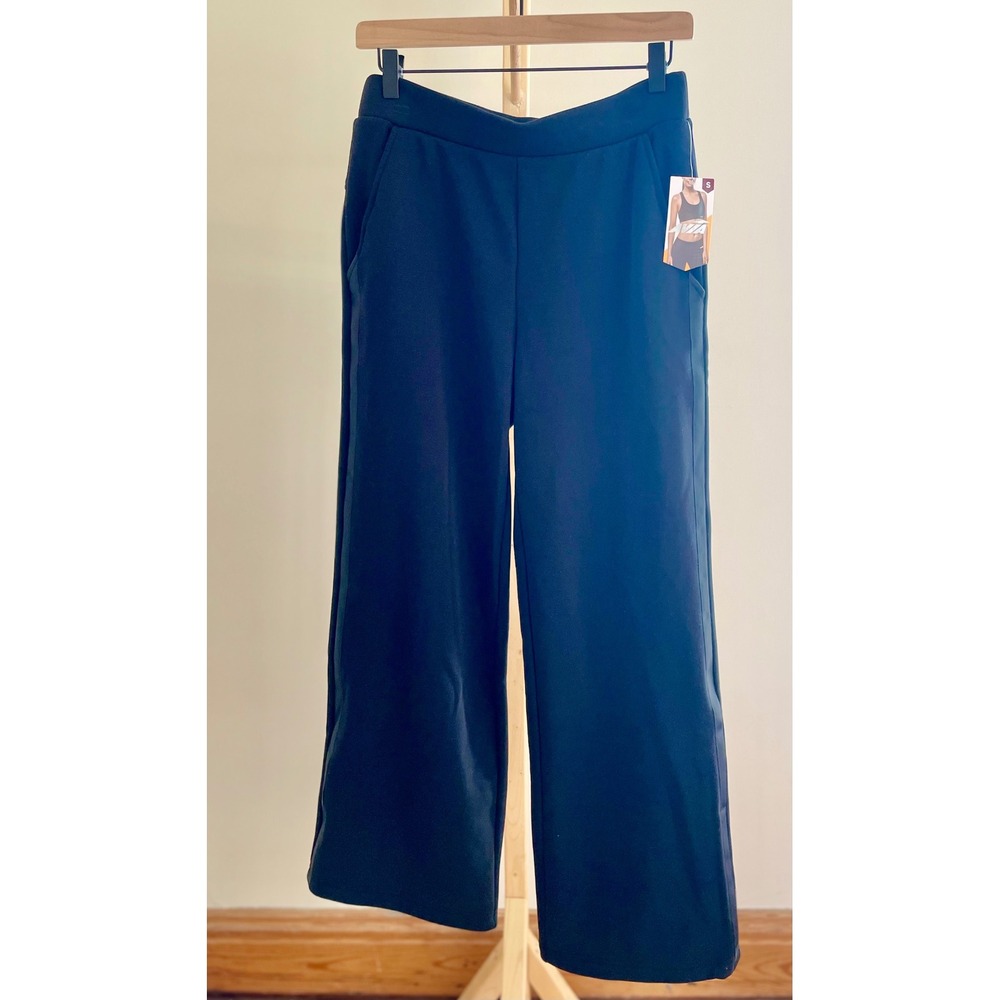 Avia Womens Black Wide Leg Fleece Pants Satin Side Stripe High Rise Small NWT